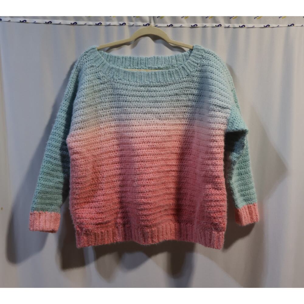Handmade Crocheted Fuzzy Ombre Blue and Pink Sweater 2X-3X